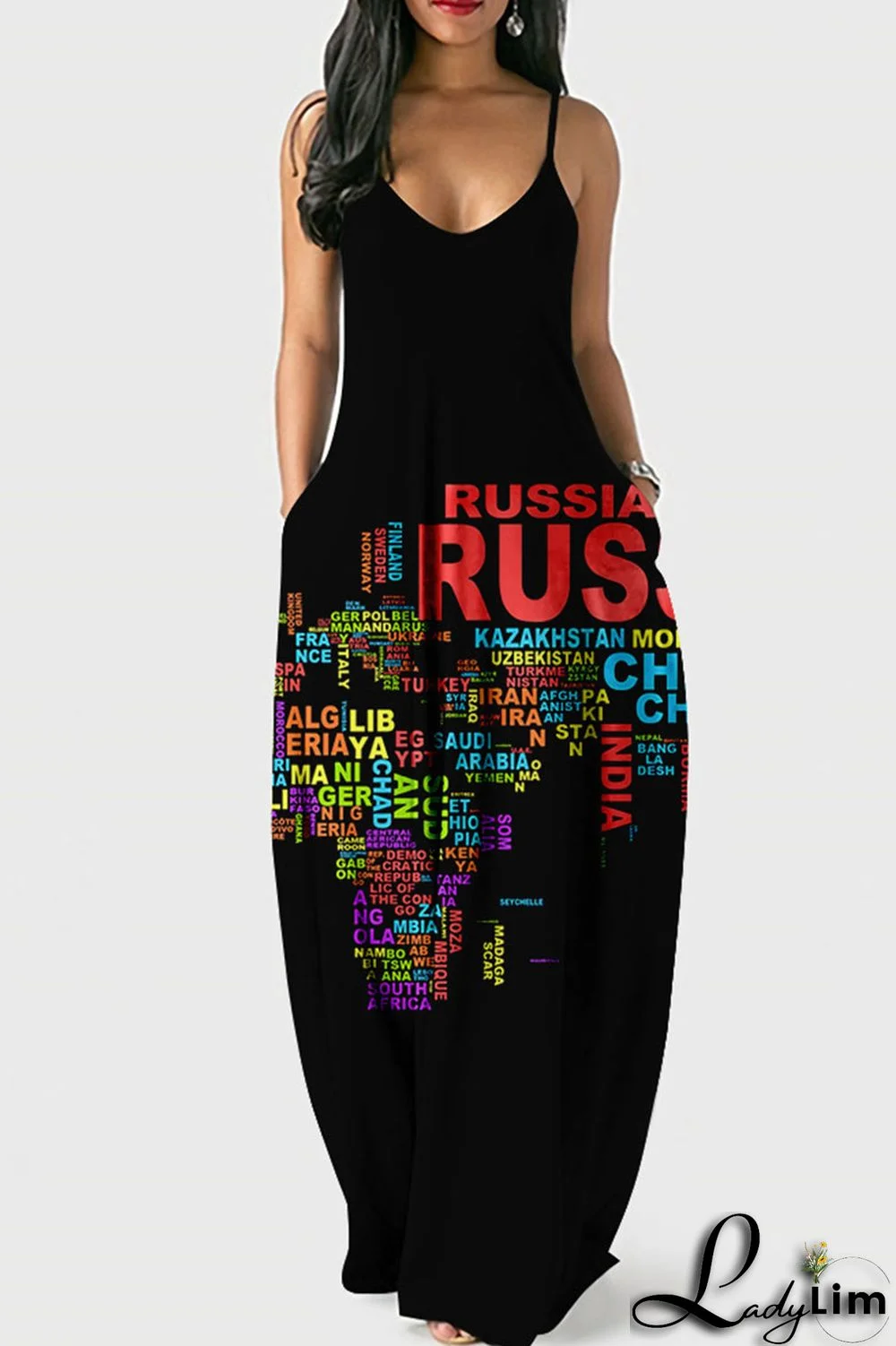 White Blue Fashion Sexy Print Backless Spaghetti Strap Long Dress