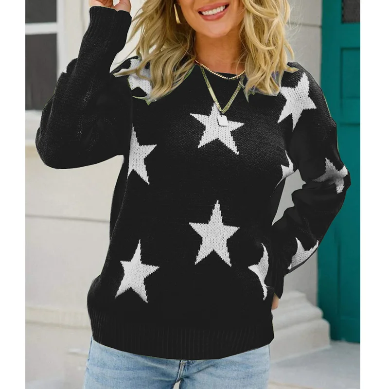 Mongw Mongw Women's Fashion Autumn And Winter New Sweater Long Sleeve Round Collar Knit Jumper Five-Pointed Star Loose Casual Women's Clothing