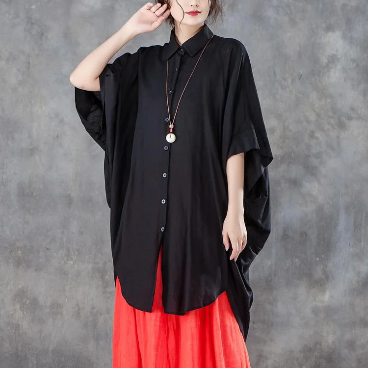 Fine summer t shirt Loose fitting Loose Women Single Breasted Polo Collar Black Shirt