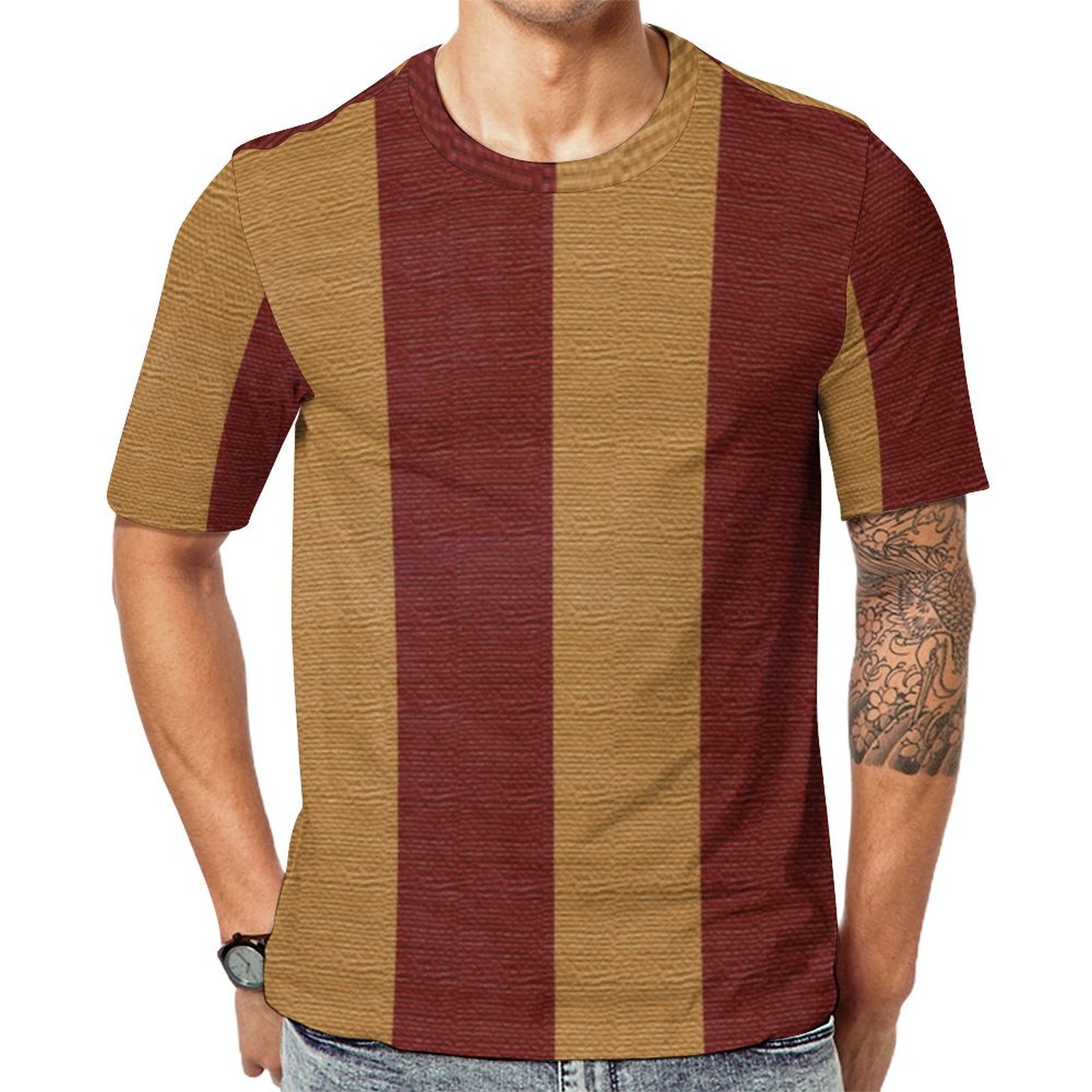 Nautical Burlap Red Tan Stripes Short Sleeve Print Unisex Tshirt Summer Casual Tees for Men and Women Coolcoshirts