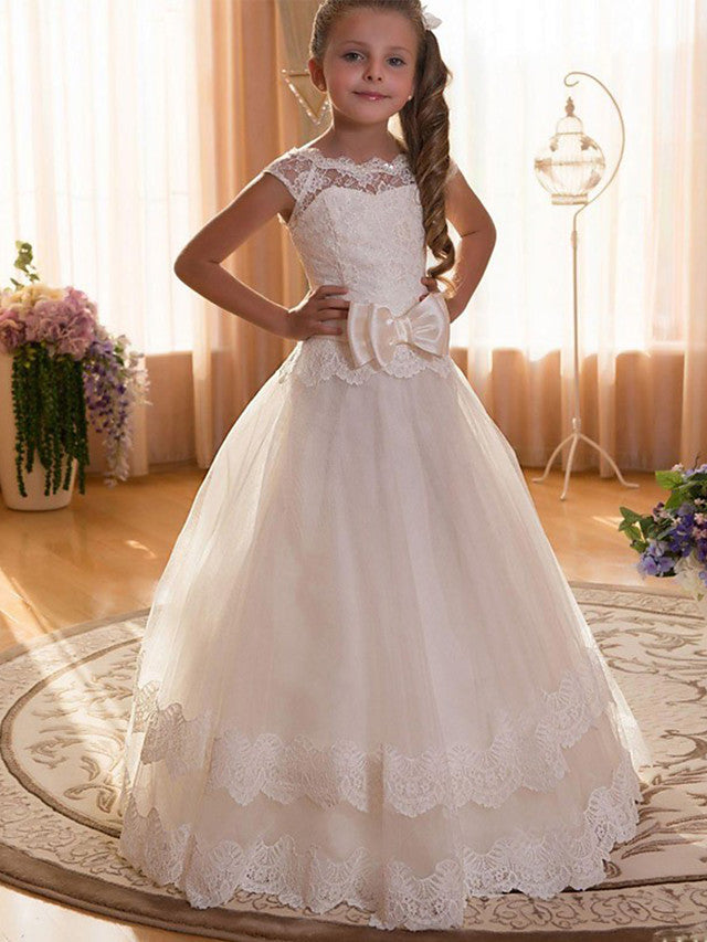 Oknass Ball Gown Cap Sleeve Jewel Neck Flower Girl Dresses Chiffon Tulle Cotton With Lace  Sash  Ribbon  Solid