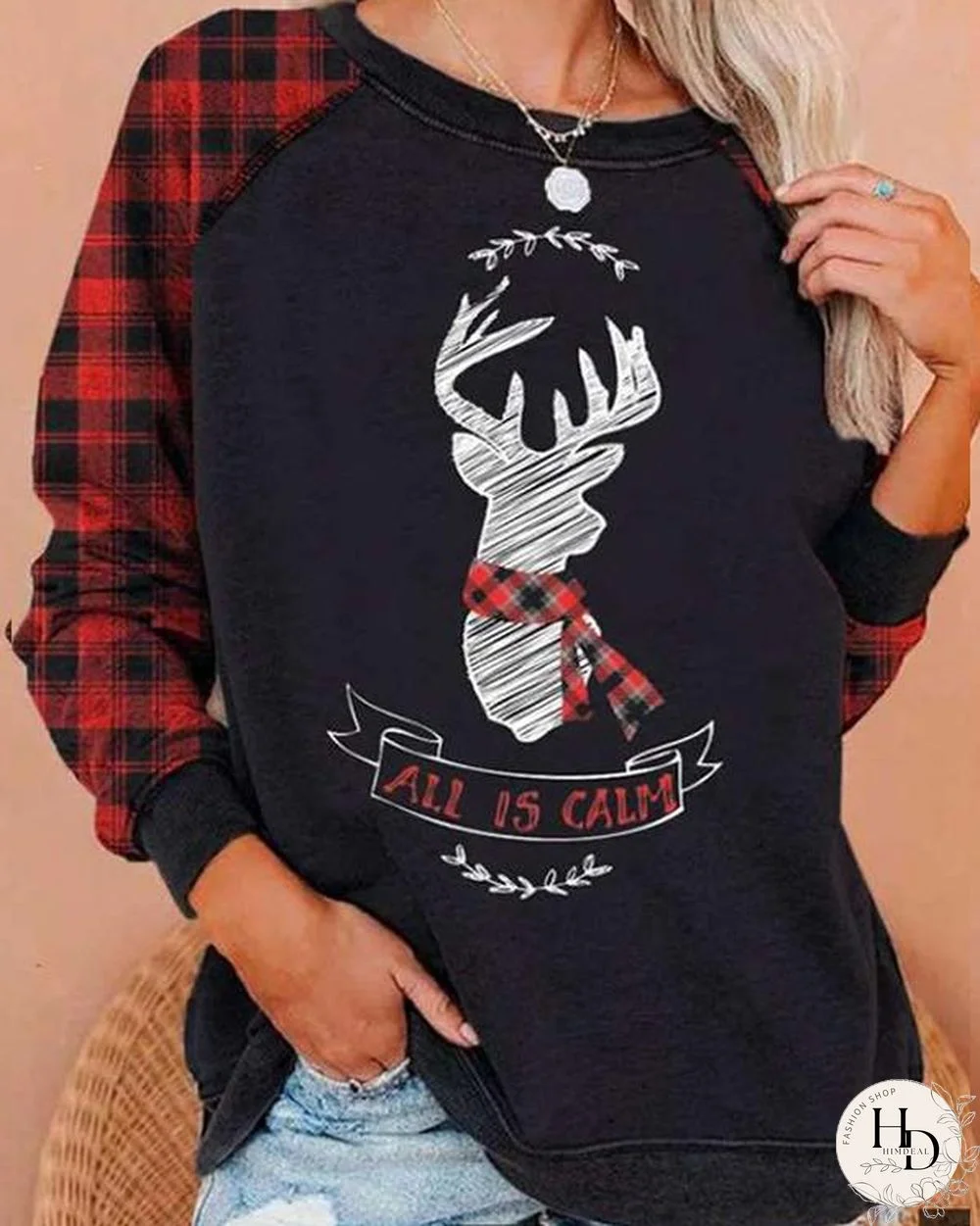 Christmas Print Round Neck Long Sleeve Plaid Patchwork Sweatshirt