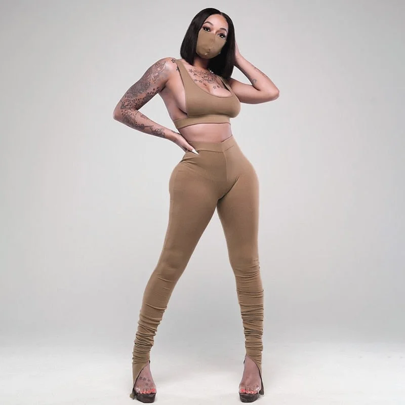 Dulzura Ribbed Women 2 Pieces Stacked Pants Set Bra Crop Top High Waist Trousers Slit Tracksuit Sporty 2020 Autumn Winter Outfit