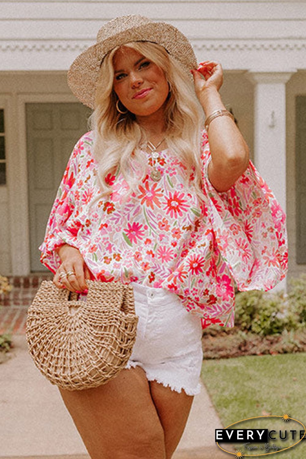 Pink Floral Ruffled Half Sleeve V-Neck Plus Size Blouse