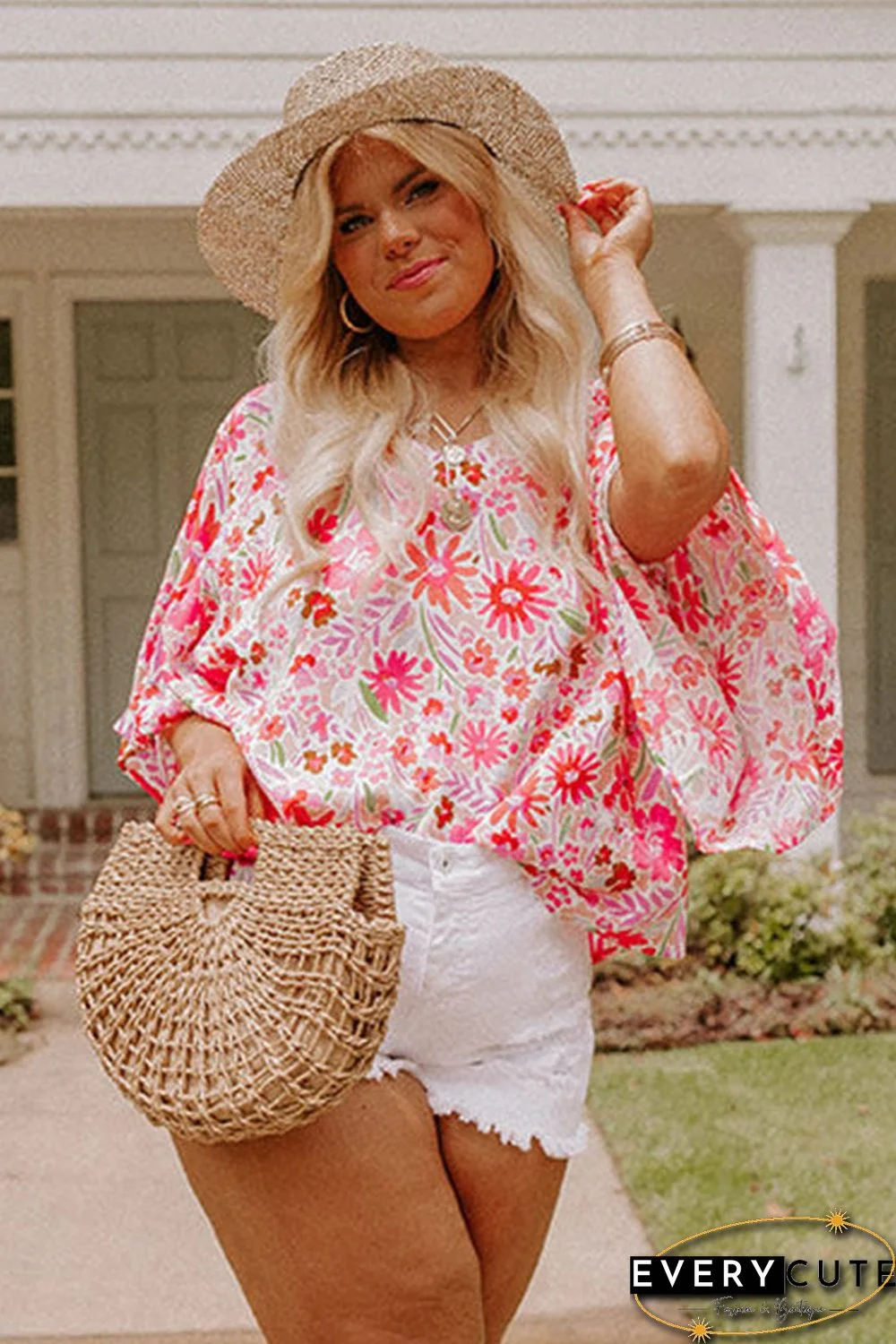 Pink Floral Ruffled Half Sleeve V-Neck Plus Size Blouse
