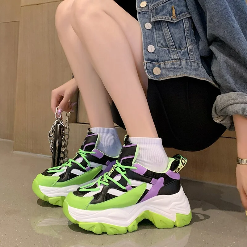 Fashion Blue Sneakers Women Spring 2021 PU Leather Ladies Platform Shoes Height Increasing Fashion Solid Color Chunky Sneakers