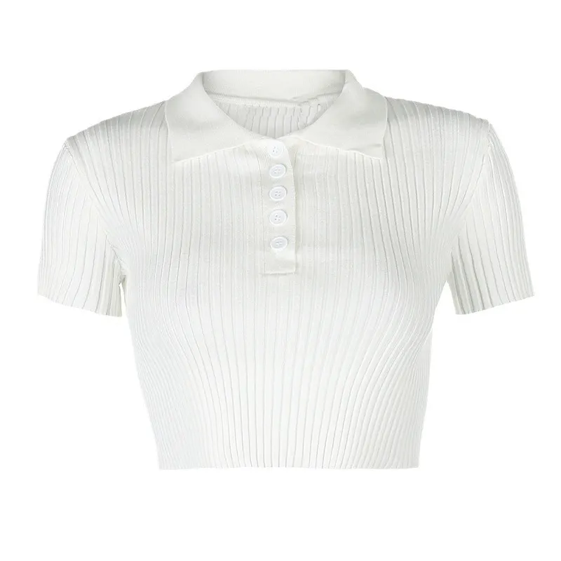 Uveng Uveng Collar Top Women's Short Sleeve Knit Shirt Short Summer White Lapel Striped Niche Slim T-Shirt