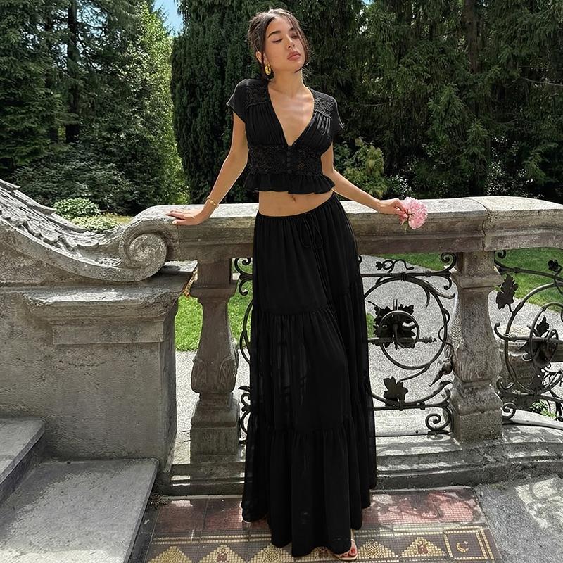 Women Summer Short Sleeve V Neck Tops Long Skirt Beach Vacation Chiffon Two Piece Set Outfit Women Summer Short Sleeve V Neck Tops Long Skirt Beach Vacation Chiffon Two Piece Set Outfit