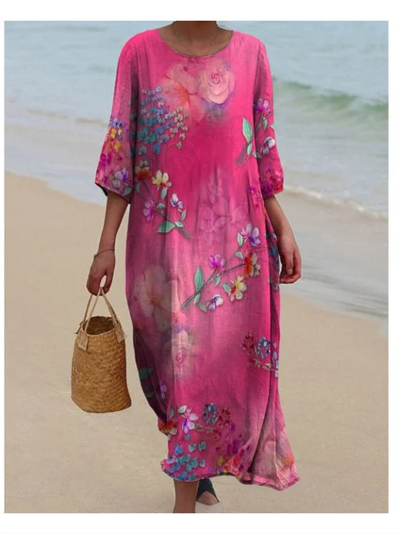 Women's 3/4 Sleeve Scoop Neck Graphic Printed Midi Dress