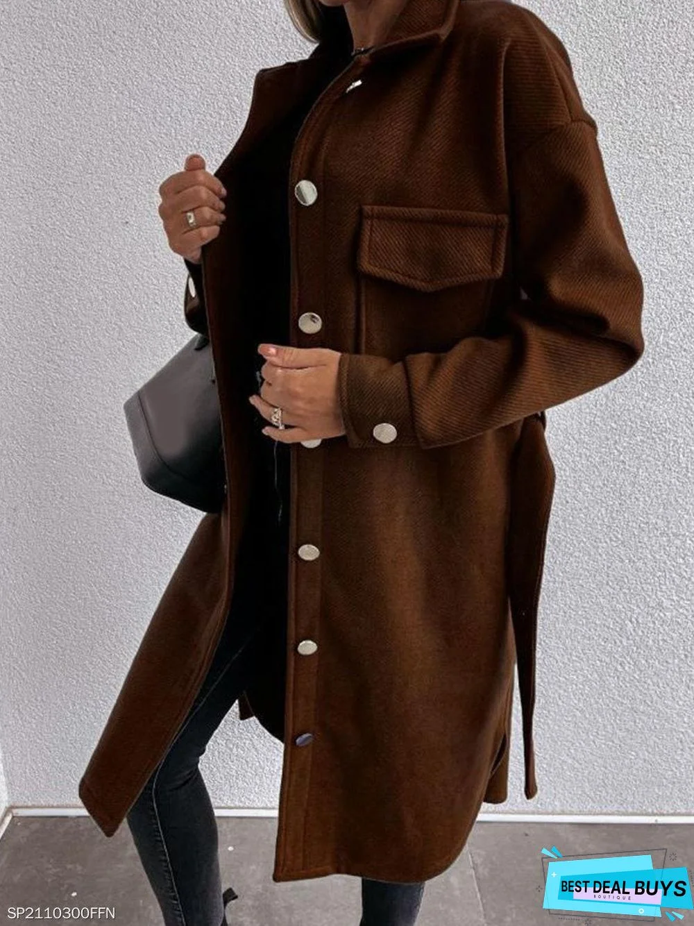 Fashion Plain Lapel Belted Woolen Coat