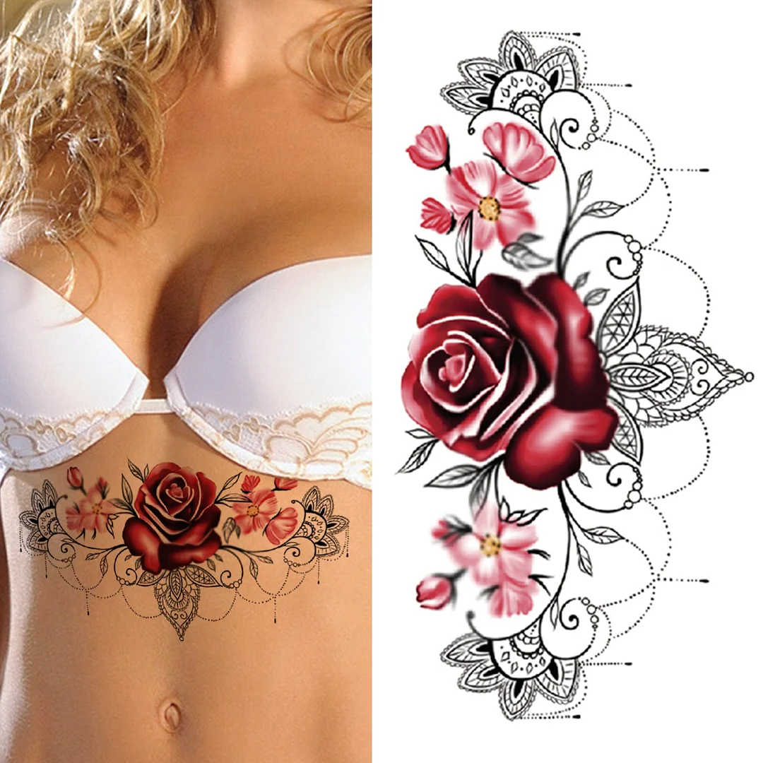 Henna Rose Flower Temporary Tattoo For Women Girls Fake Jewels Lace Tattoos Sticker Black Butterfly Lotus 3D Tatoos Chest Breast