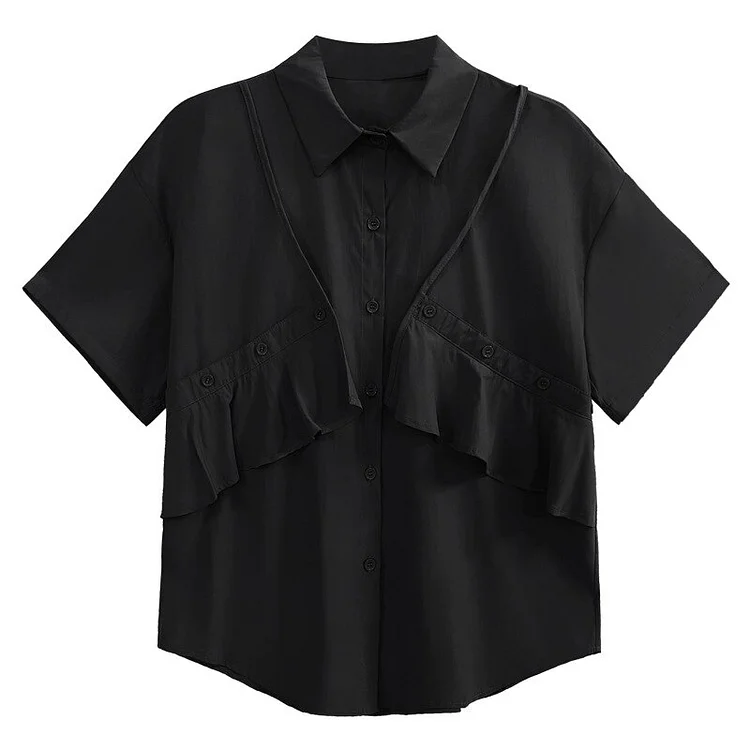 Loose Solid Turn-down Collar Ruffles Single Breasted Short Sleeve Shirt