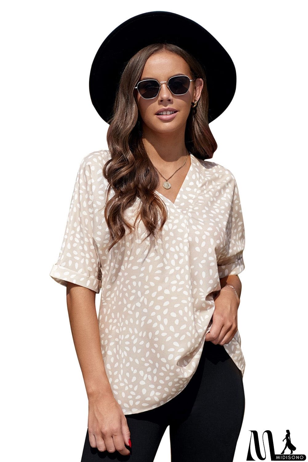 MidiSono - Chic Apricot Chloe Animal Print V-neck Rolled Sleeve Tunic Top