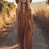 Western Fringed Brown Suede Vest Zip-Up Jumpsuit by Inlyline