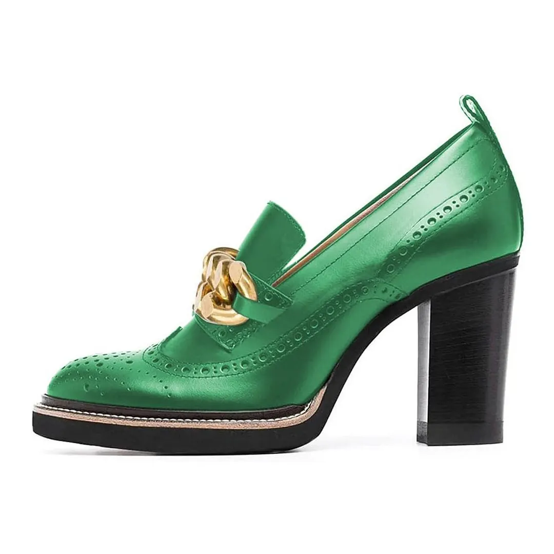 Green Vegan Leather Perforated Chain Chunky Heeled Loafers Women