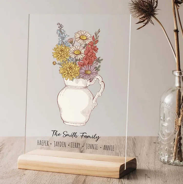 Personalized Birth flower Bouquet Vase Names Plaque