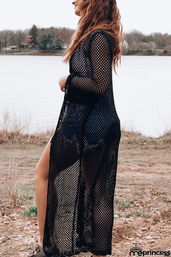 Knitted Pierced Solid Color Beach Coat
