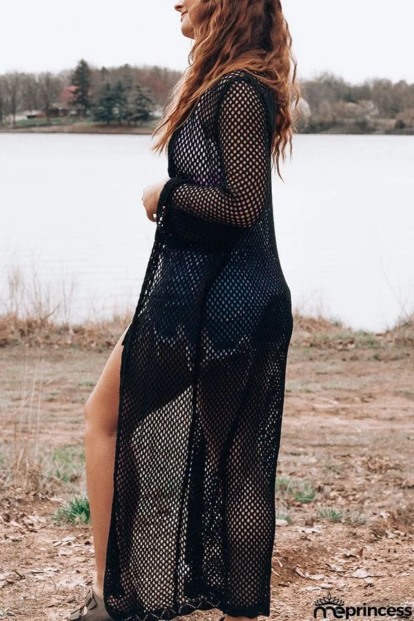 Knitted Pierced Solid Color Beach Coat