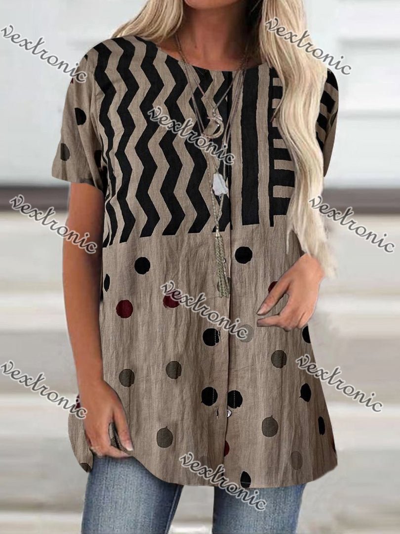Women Short Sleeve Scoop Neck Striped Polka Dot Top