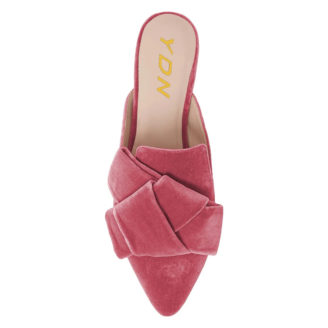 Rose Pink Velvet Flat Pointed Toe Knot Decor Mule Shoes for Women