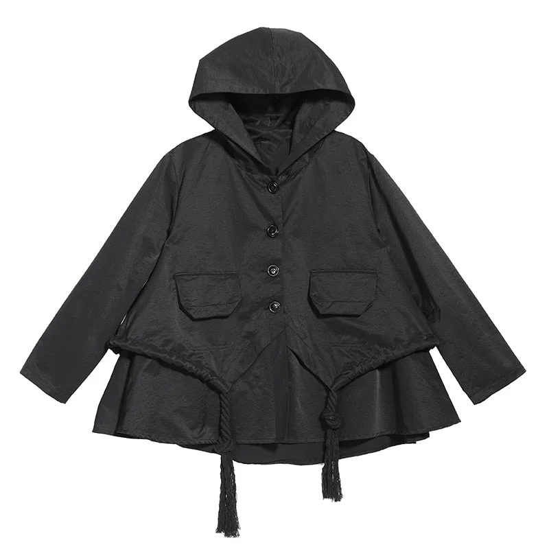 [EAM] Loose Fit Black Asymmetrical Split Big Size Short Jacket New Hooded  Long Sleeve Women Coat Fashion Tide Spring 2021 1N797