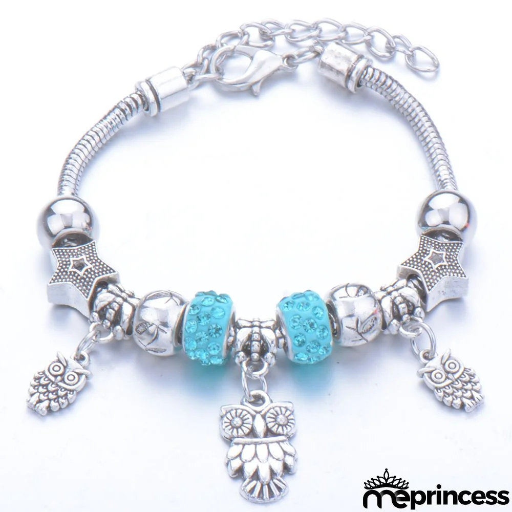 Women Fashion Rhinestone Butterfly Crown Pendant Beaded Bracelet