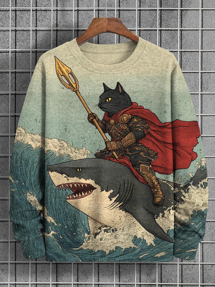 Men's Sea Warrior Cat And Shark Print Casual Sweatshirt