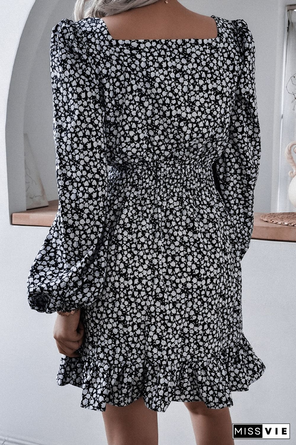 Floral Chiffon Ruffle Lantern Sleeve Dress