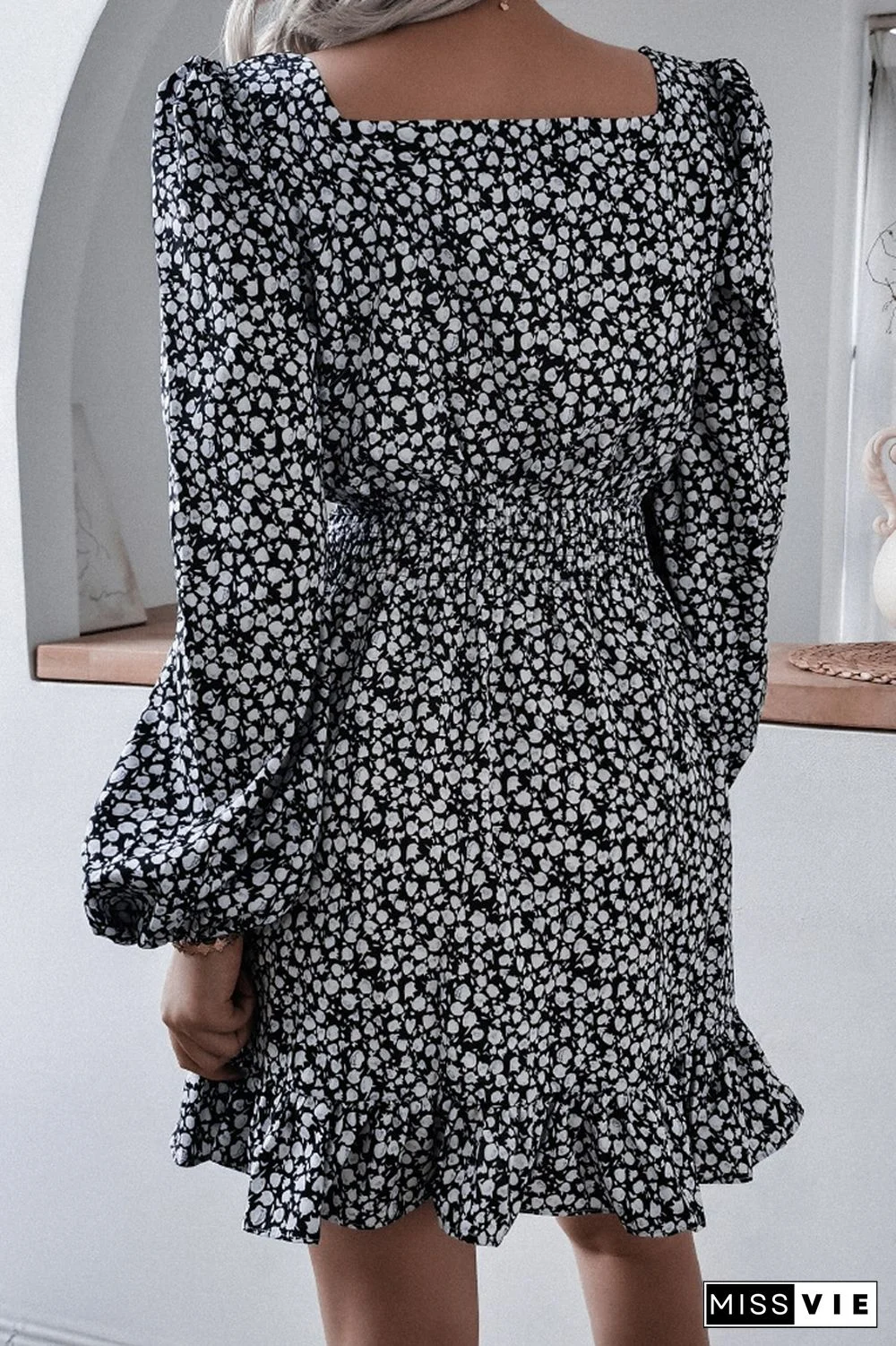 Floral Chiffon Ruffle Lantern Sleeve Dress