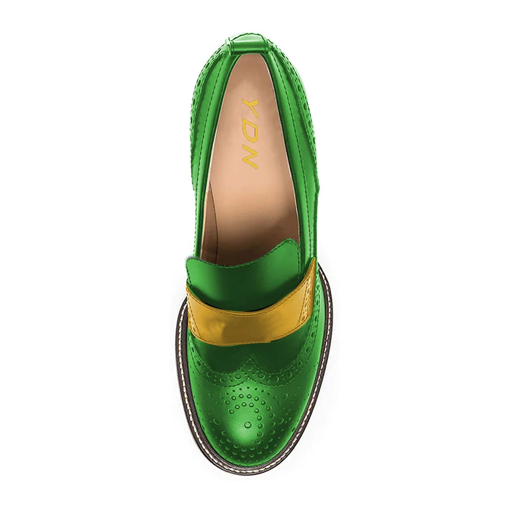 Chic Green Vegan Leather Brogue Style Chunky Heeled Loafers