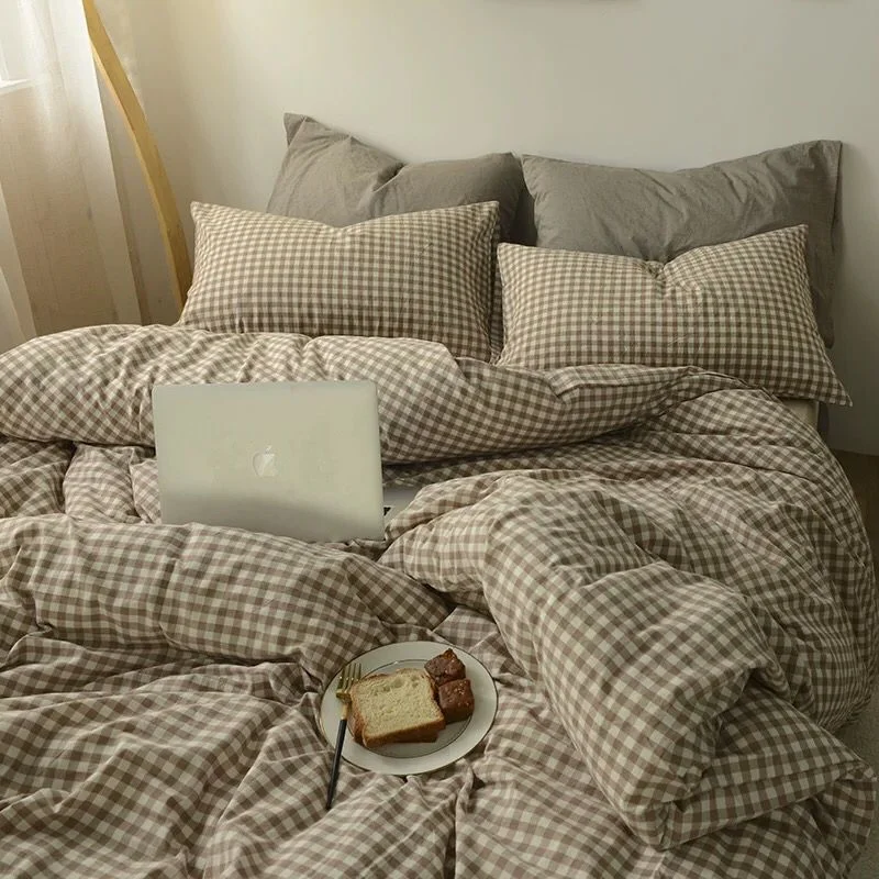 Aonga Simple Bedding Set Plaid Sold Color Single Queen Size Duvet Cover No Filling Boys Girls Flat Sheet Pillowcase Kit aonga