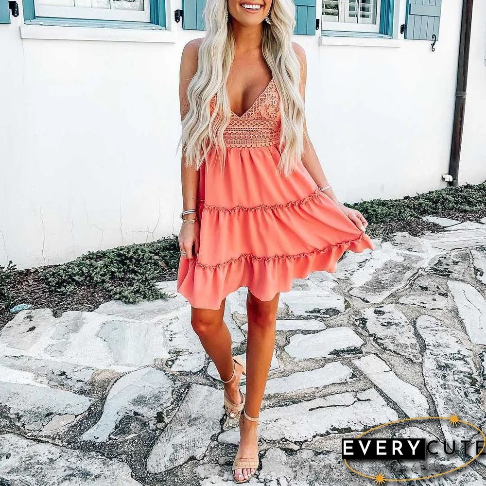 Tie Back Knot Lace Tiered Layered Ruffle Mini Dress