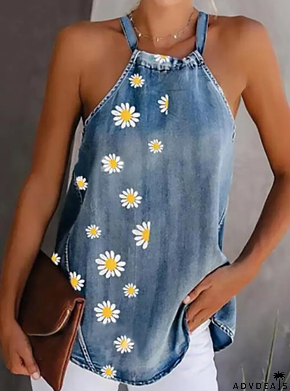 Summer Floral Blue Denim Halter Vest