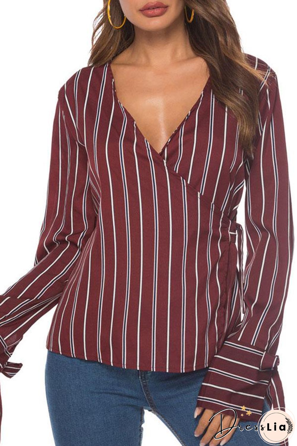 Striped V-neck String Blouse