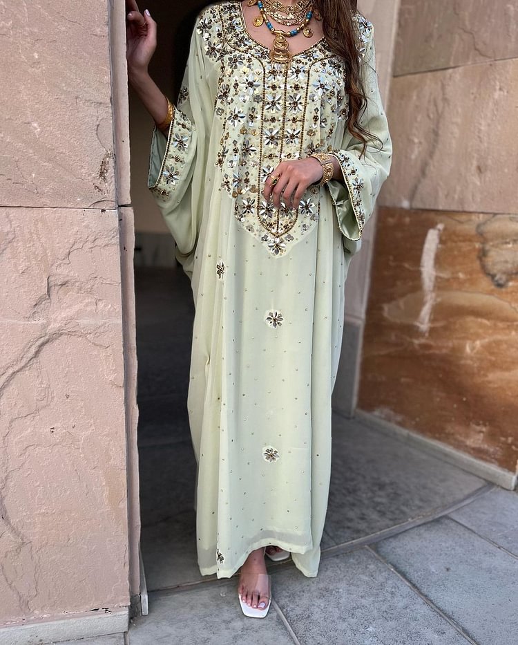 Floral Embroidery Long Sleeve Elegant Kaftan