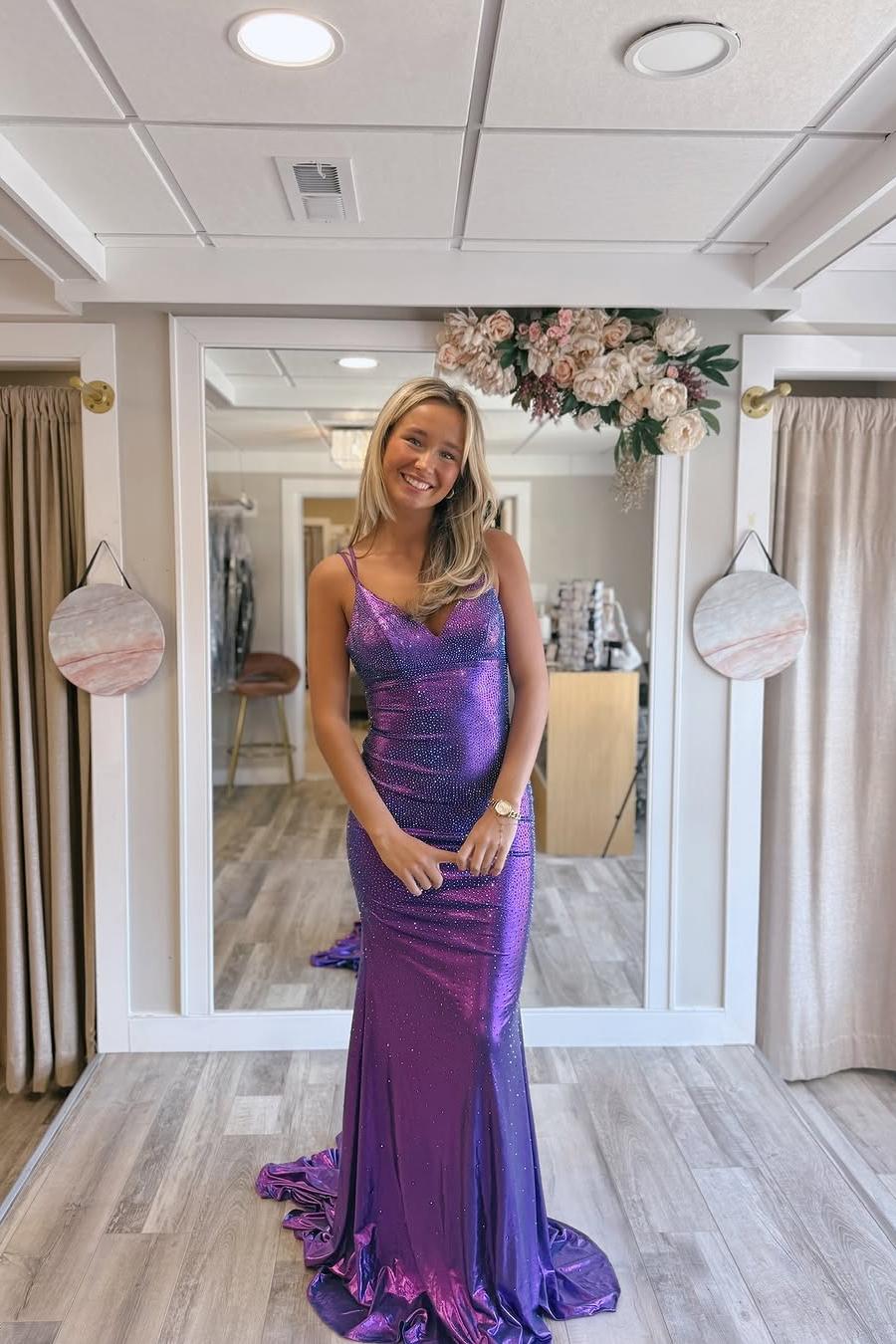 Lussooy Elegant Spaghetti Strap Deep Purple Sleeveless Long Prom Dress with Beadings 
