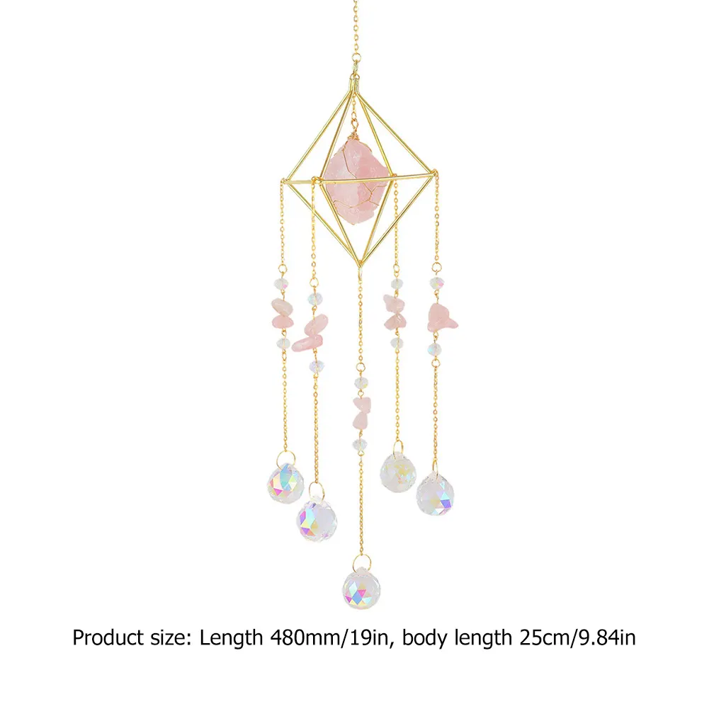Crystal Wind Chimes Natural Stone Prism Light Catcher Garden Decor (Pink)