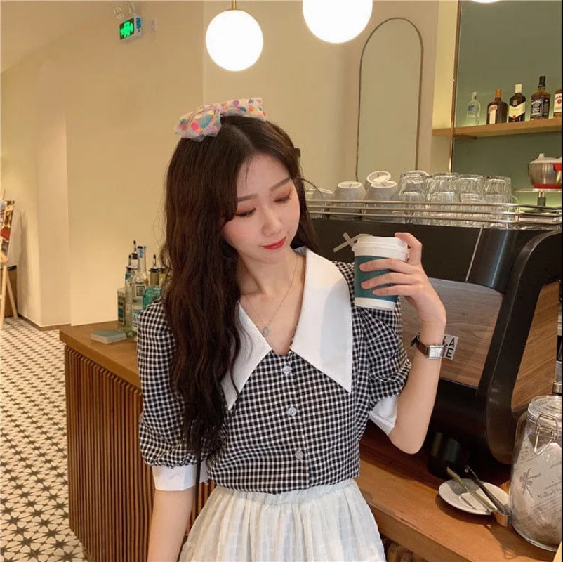 Llyge Crop Top Yellow Blouses Summer Kawaii Puff Sleeve Plaid Shirt Women Checkered French Retro Style 2024 Vintage llyge