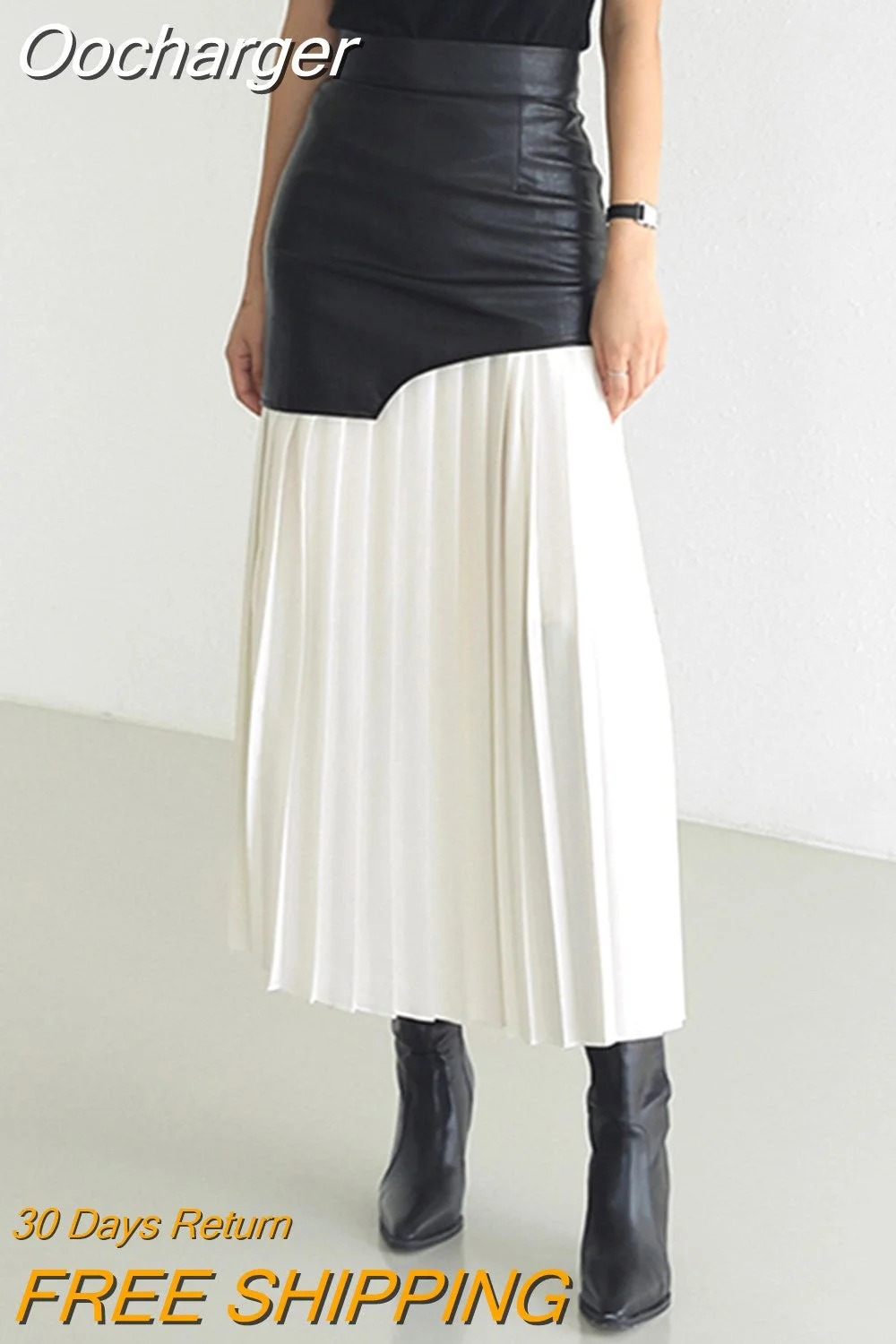 Oocharger Casual Patchwork Pu Skirt For Women High Waist Midi Folds Pleated Skirts Female 2023 Spring Fashion Clothing Style