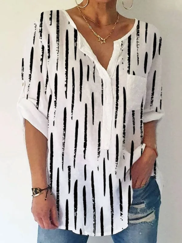 Round Neck Casual Loose Art Line Print Long Sleeve Blouse