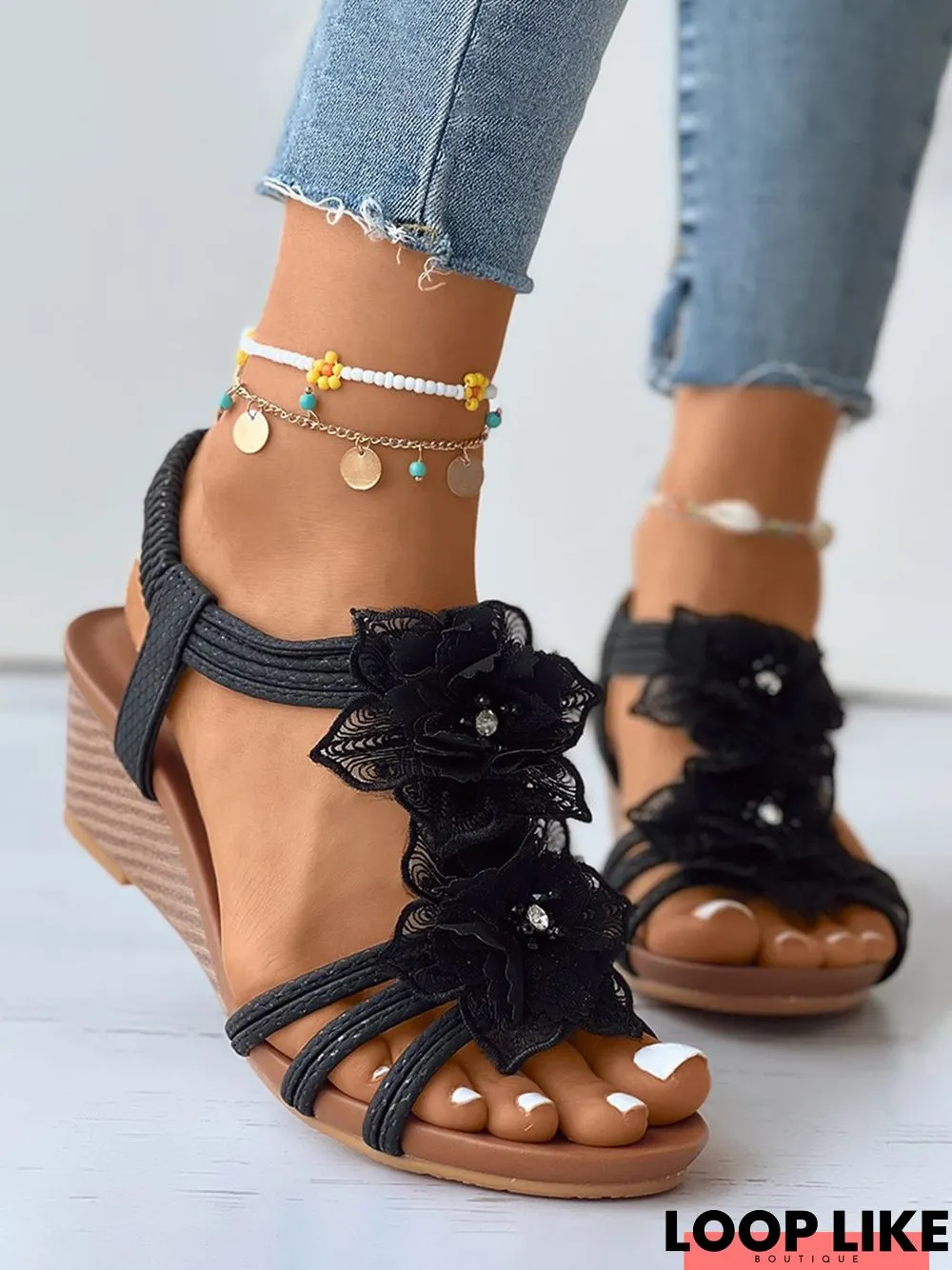 Bohemian Peacock Blue Hollow Out Splicing Wedge Slide Sandals main image 1