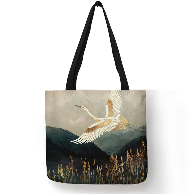 Japanese Ukiyoe Design Causal Women Handbag Crane Designer Tote Bag Eco Reusable Shoulder Shopping Bags For Groceries B13039