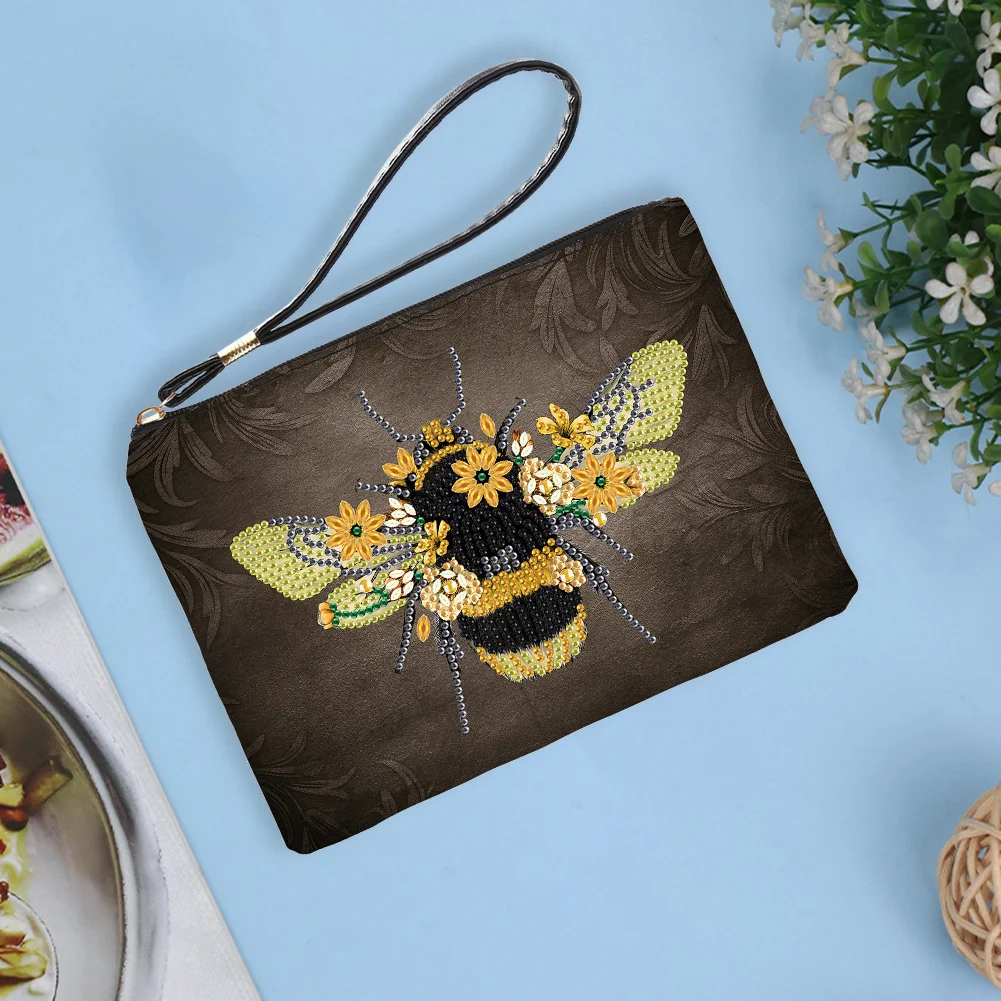DIY Bee PU Partial Special Shaped Diamond Painting Wallet Makeup Bag