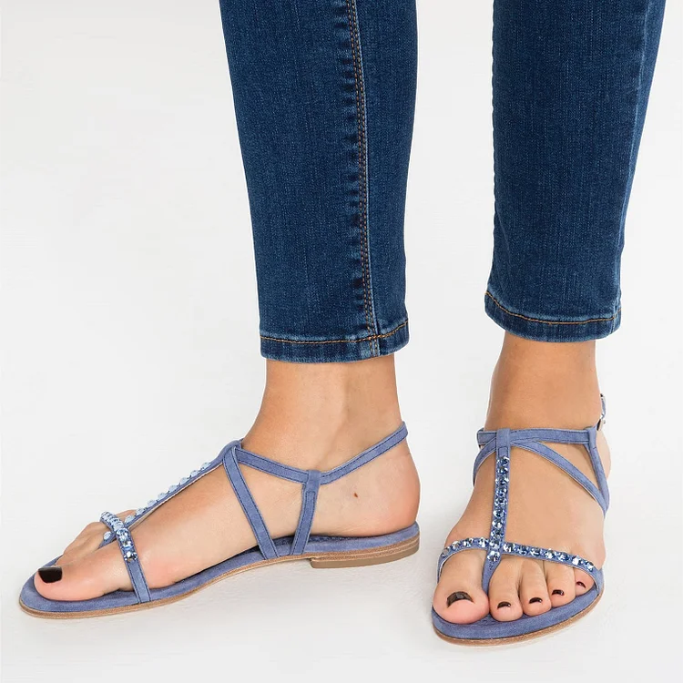 Blue Summer Sandals Open Toe Flats Slingback Sandals with Rhinestone |FSJ Shoes