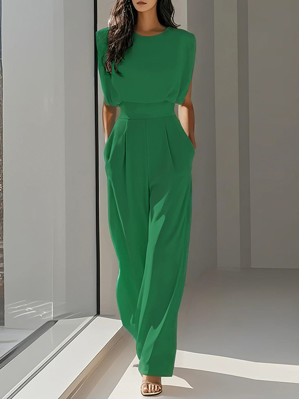 Loose Pleated Solid Color Split-Joint Round-Neck Jumpsuits