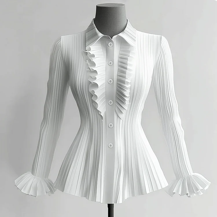 Ursime Turndown Collar Ruffle Button Flare Sleeve Pleated Blouse