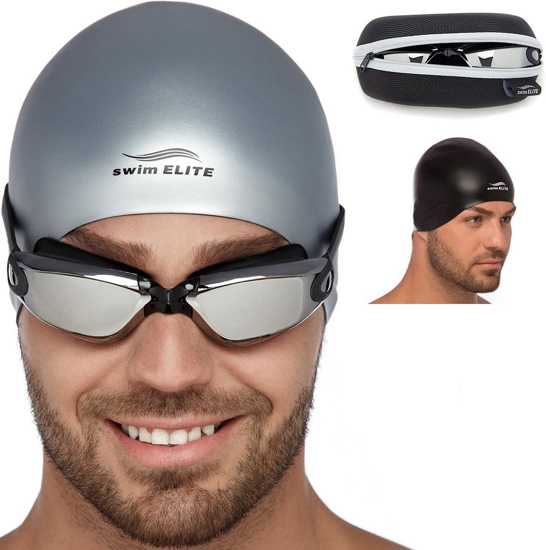 Swim Goggles + Reversible Swimming Cap + Protective Case • Exclusive Set