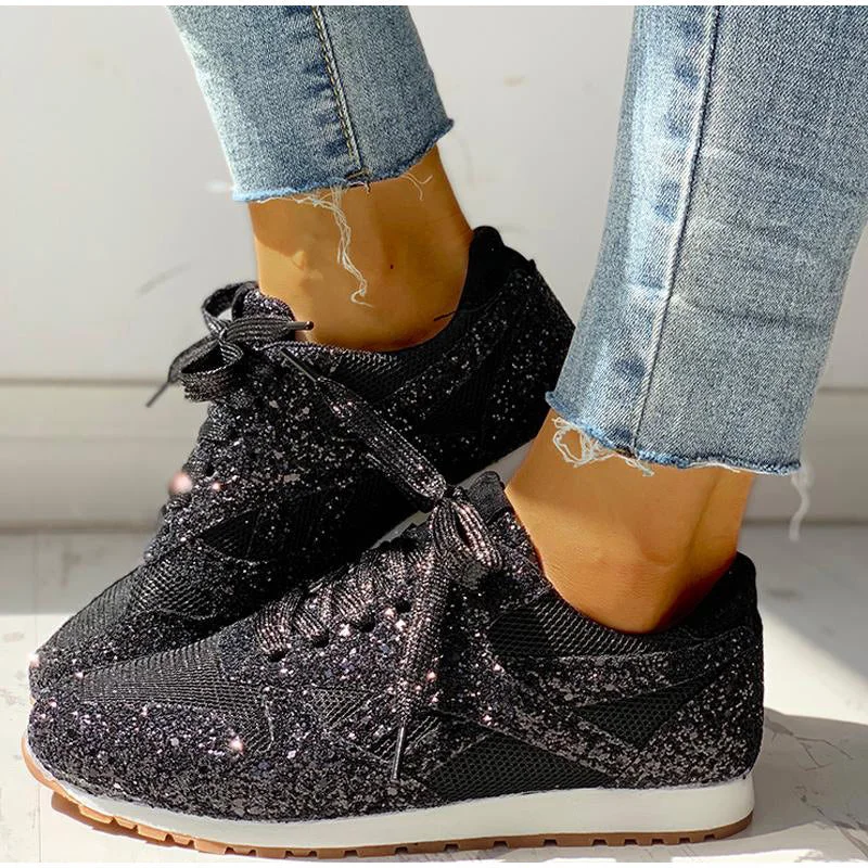 Women Flat Glitter Sneakers Casual Female Mesh Lace Up Bling Platform Comfortable Plus Size Vulcanized Shoes 2019 Soft Knitting
