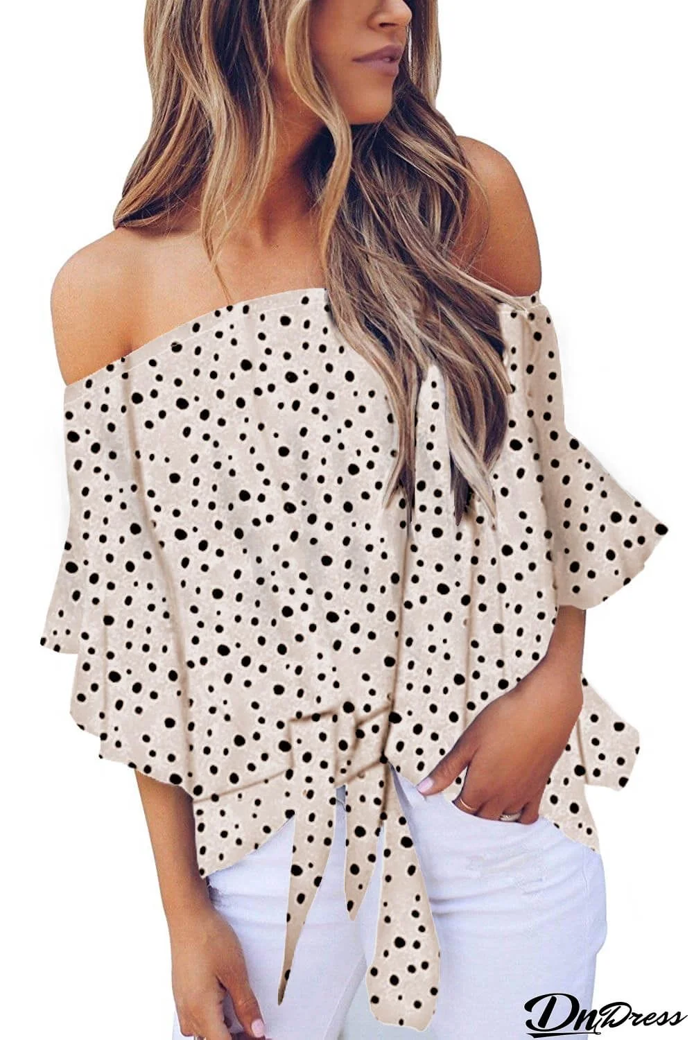 Polka Dot 3/4 Bell Sleeve Off Shoulder Front Tie Knot Top