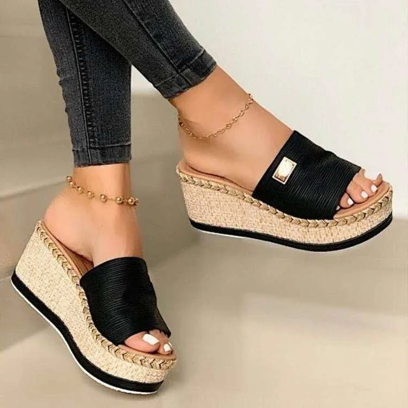 Women Hot Shoes Gladiator Flax Mid Heels Wedge Sandals For Women Solid Casual Sandals Durable Femme Sandal Large Size Slippers